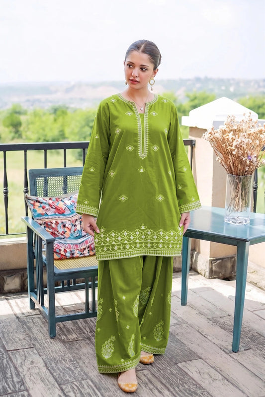 Green Embroidered 2-Piece Cotton Lawn Set