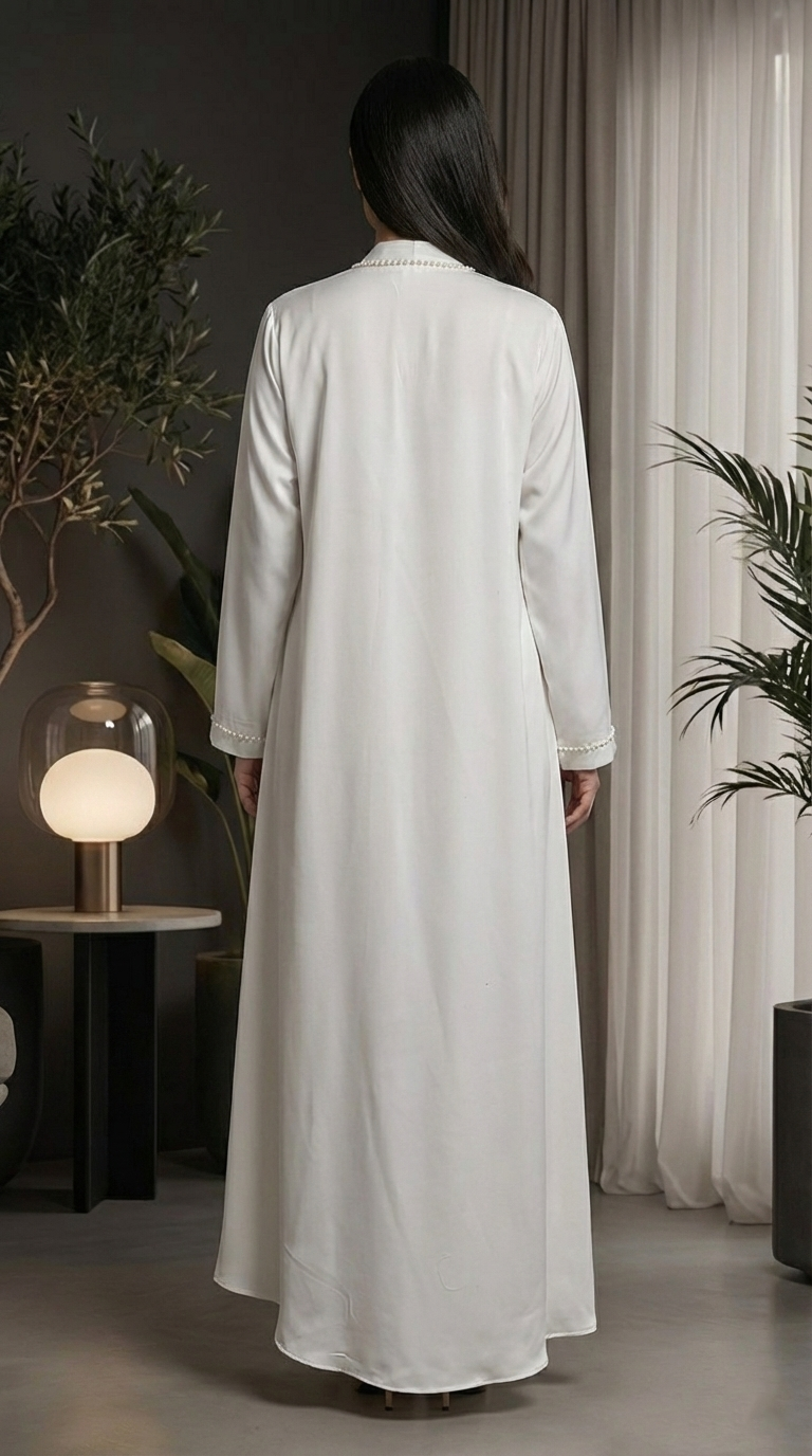 Ethereal White Pearl Satin Abaya