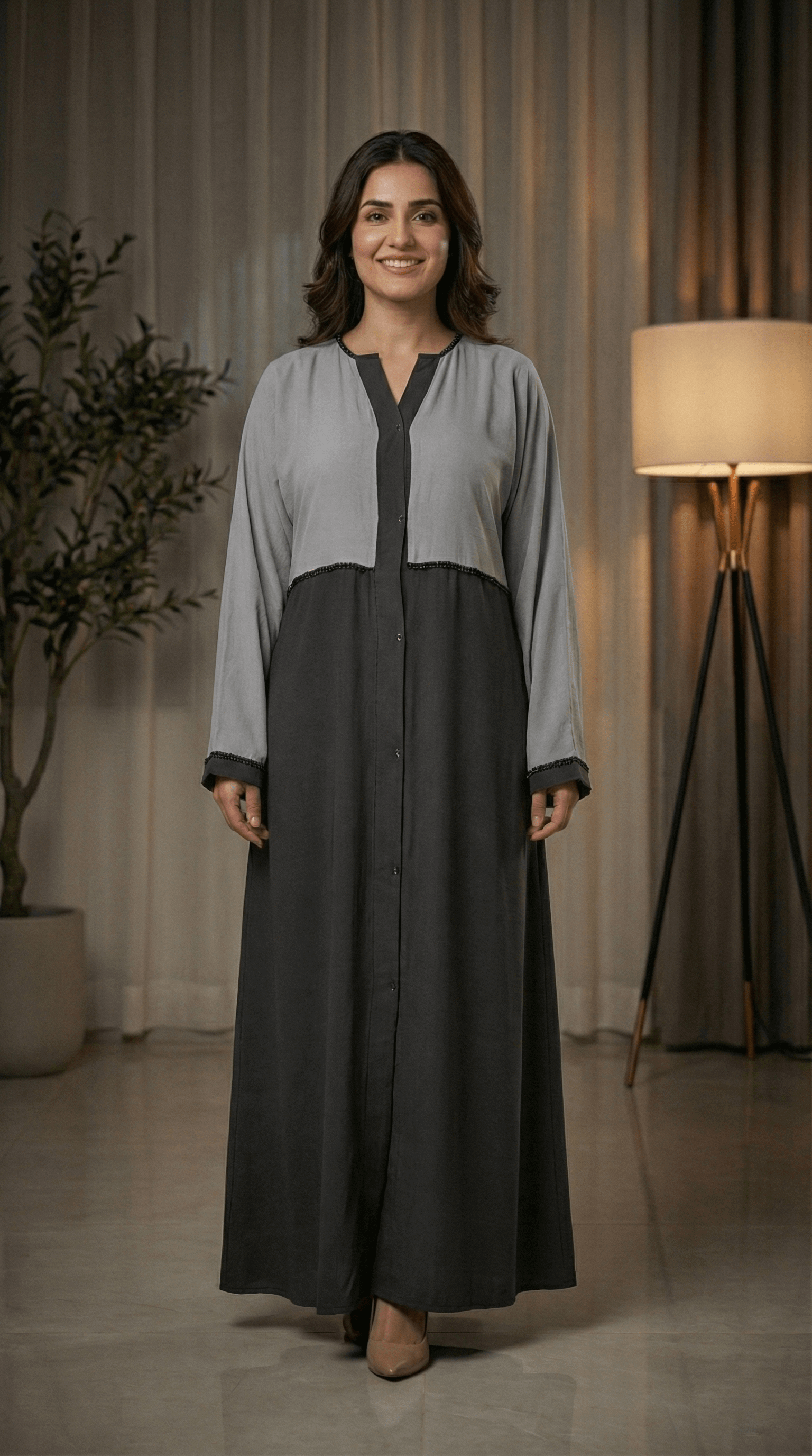 Modern Two-Tone Color Abaya With Trim Detail