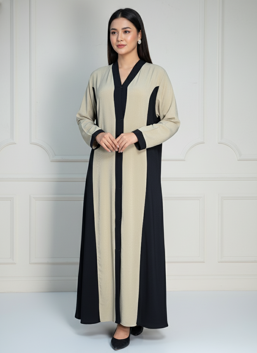 Elegant Beige & Black Abaya Gown with Stoler