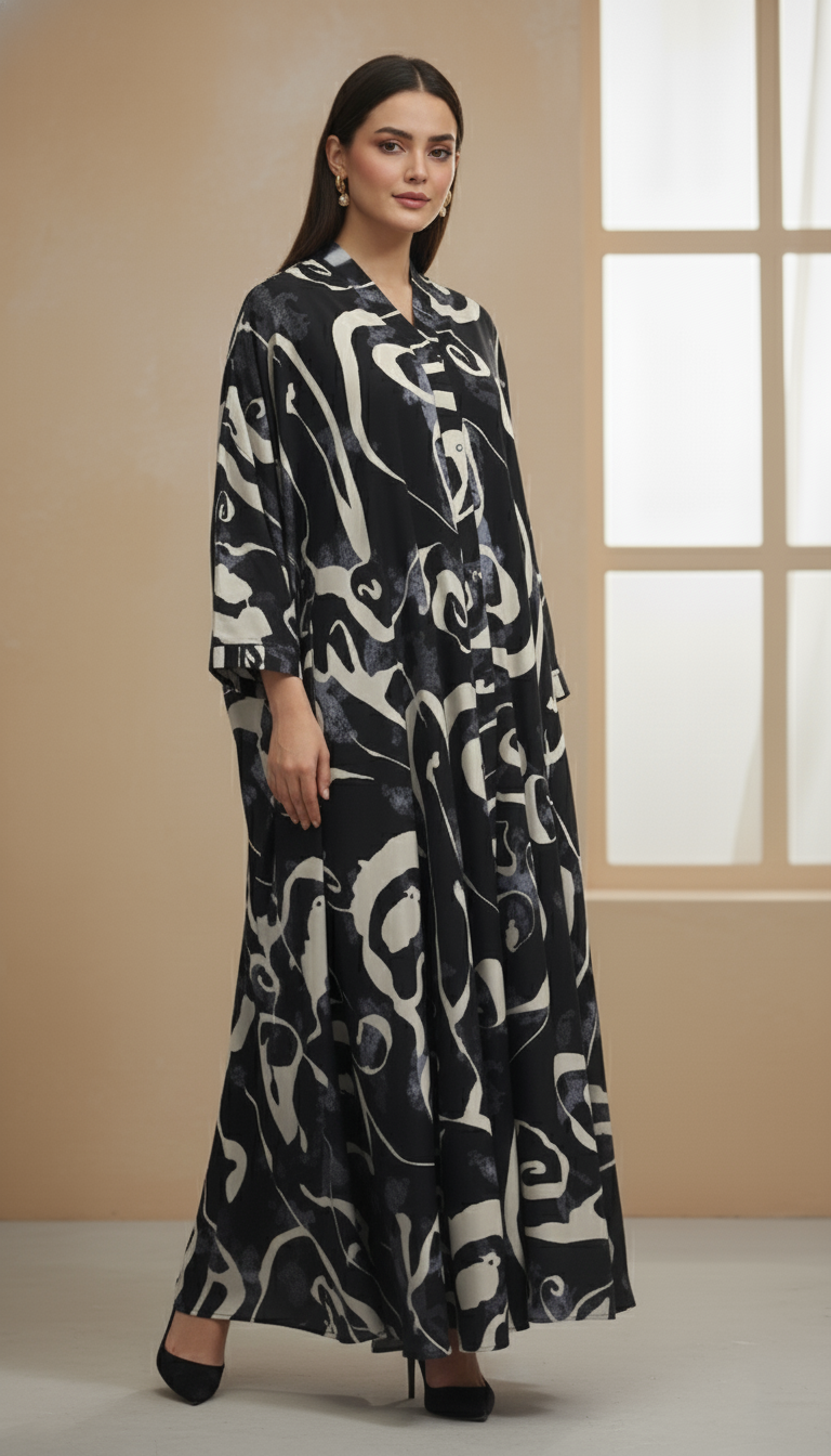 The Midnight Swirl Abstract Print Modest Abaya