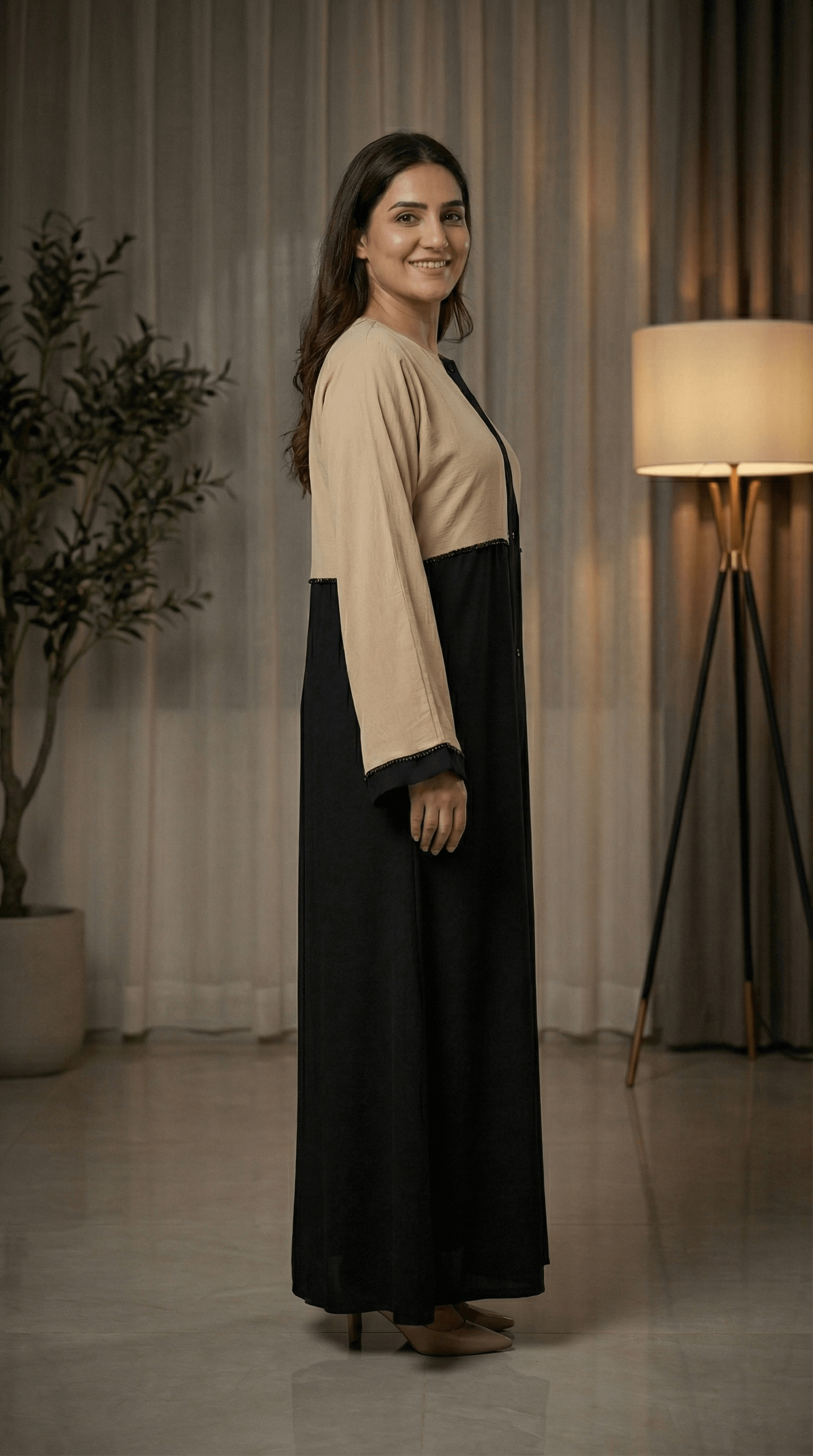 Modern Two-Tone Color Abaya With Trim Detail